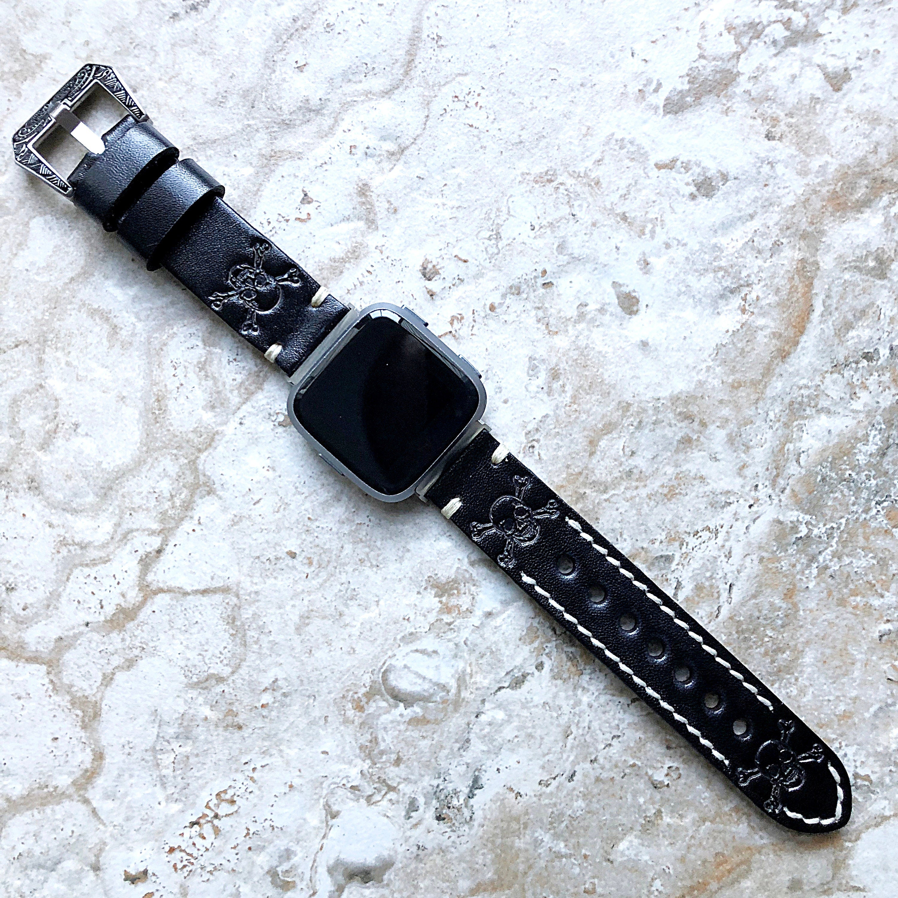 Fitbit Versa 2 3 4 Sense 2 Band Black Skull Crossbones Tooled Embossed Leather Bracelet Watch Strap Quick Release Silver Rose Gold Black